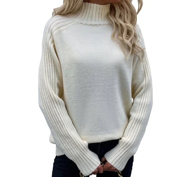Cream Ribbed Mock Neck Sweater - Picture 5 of 8